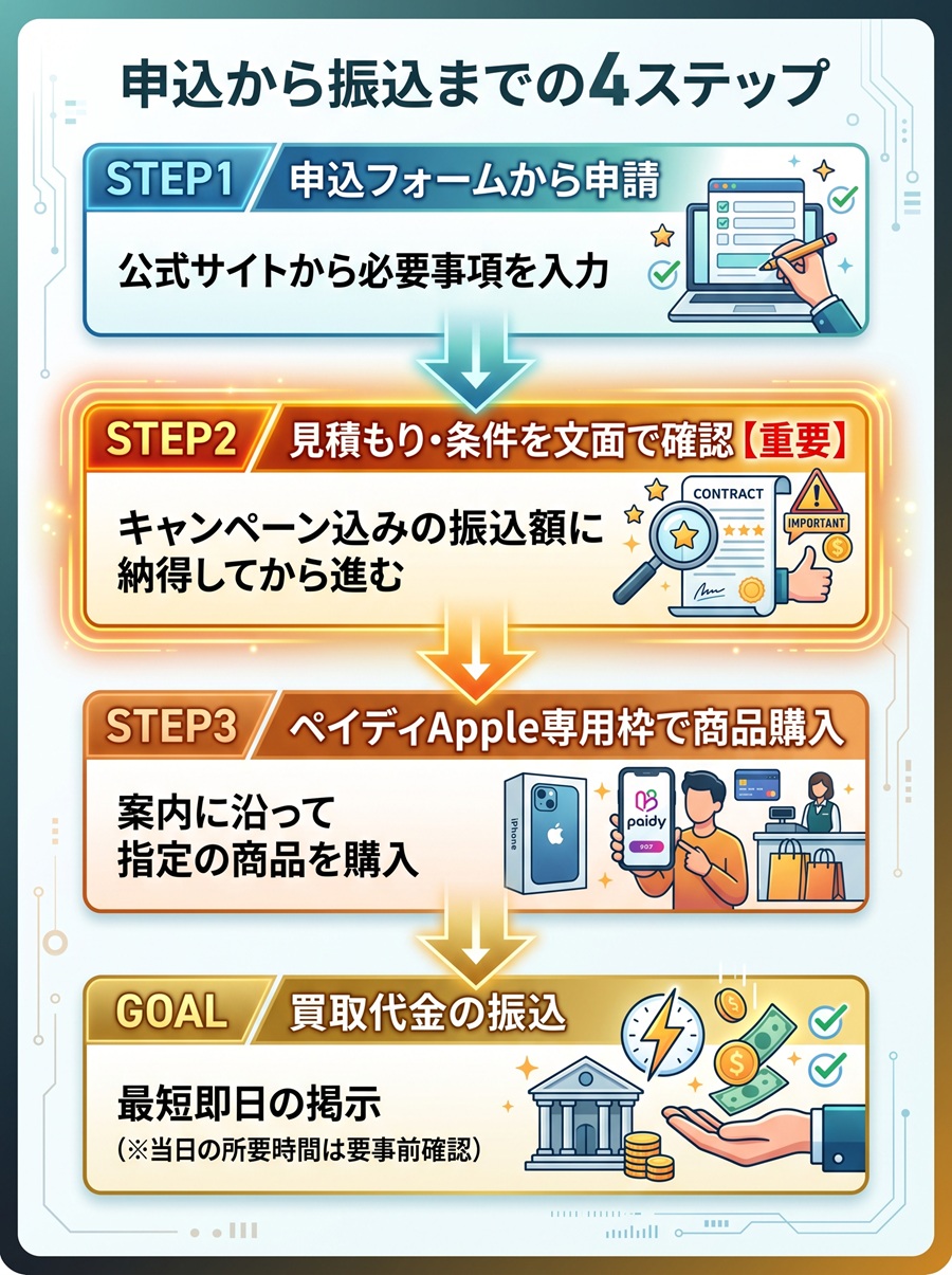 買取JACKの申込から振込までの手順を図解。フォーム申込、見積もりの文面確認、商品購入、振込までの4ステップの流れ