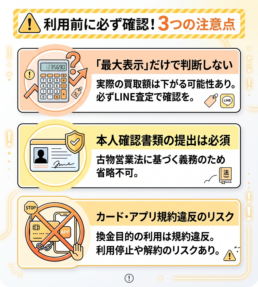買取ライフ申込前の3つの注意点をまとめた図。最大買取率ではなく査定額で判断すること、本人確認が必須であること、現金化による規約違反リスクを警告。