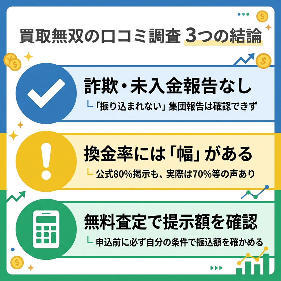 買取無双の口コミ調査の3つの結論を図解。詐欺・未入金報告なし、換金率の幅、無料査定での提示額確認をアイコン付きで整理