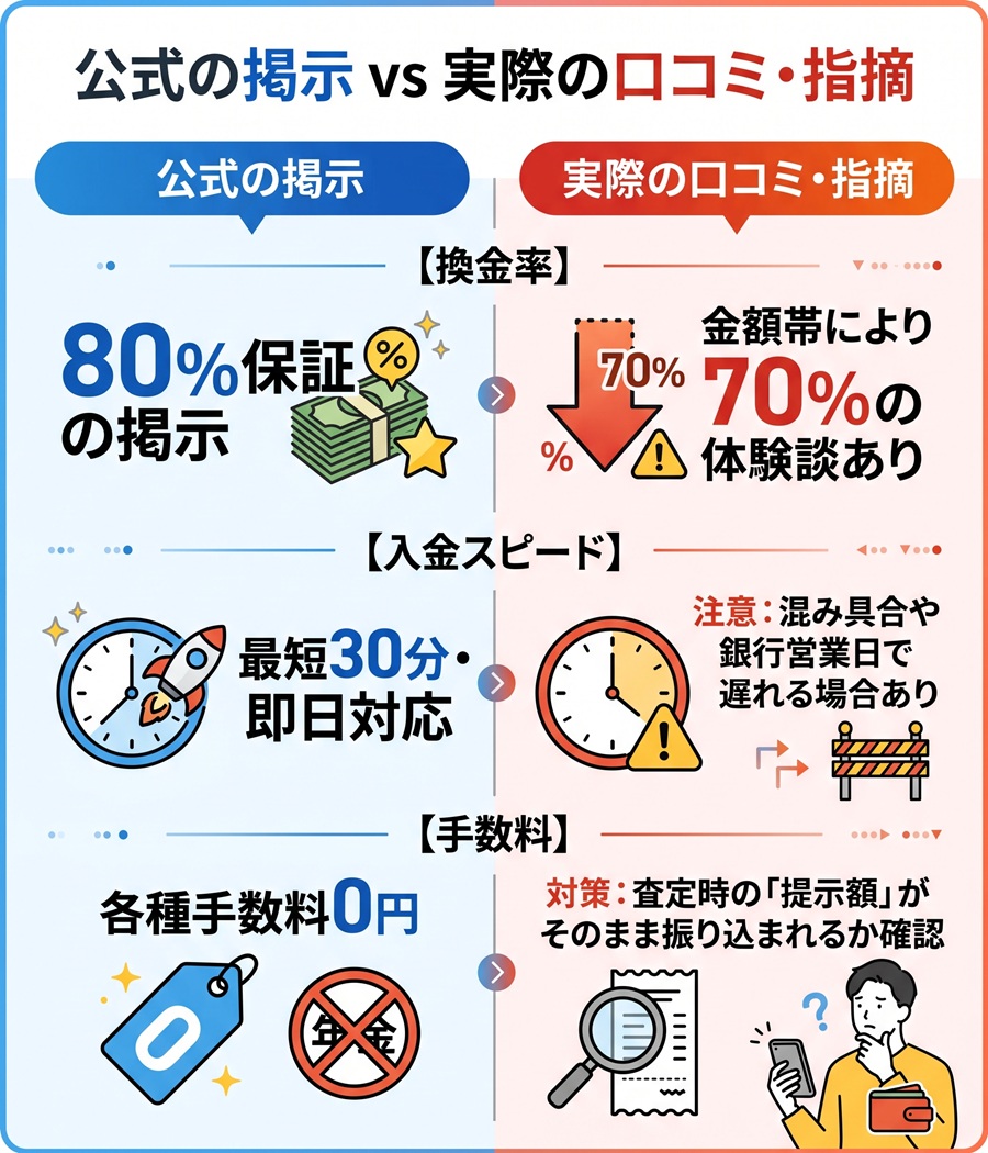 買取無双の公式掲示と実際の口コミ・指摘の比較図。換金率、入金スピード、手数料についてそれぞれの違いや注意点を整理