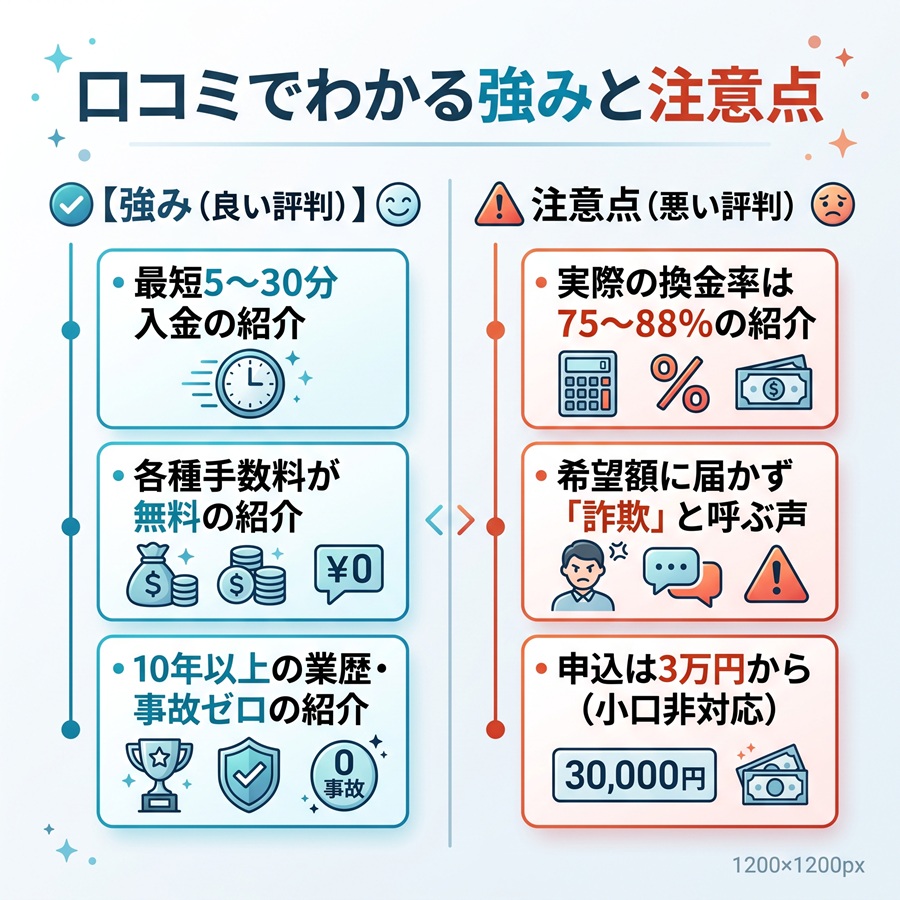 換金堂の口コミでわかる強みと注意点を図解。入金スピードや業歴などの良い評判と、実際の換金率や申込下限などの悪い評判を対比