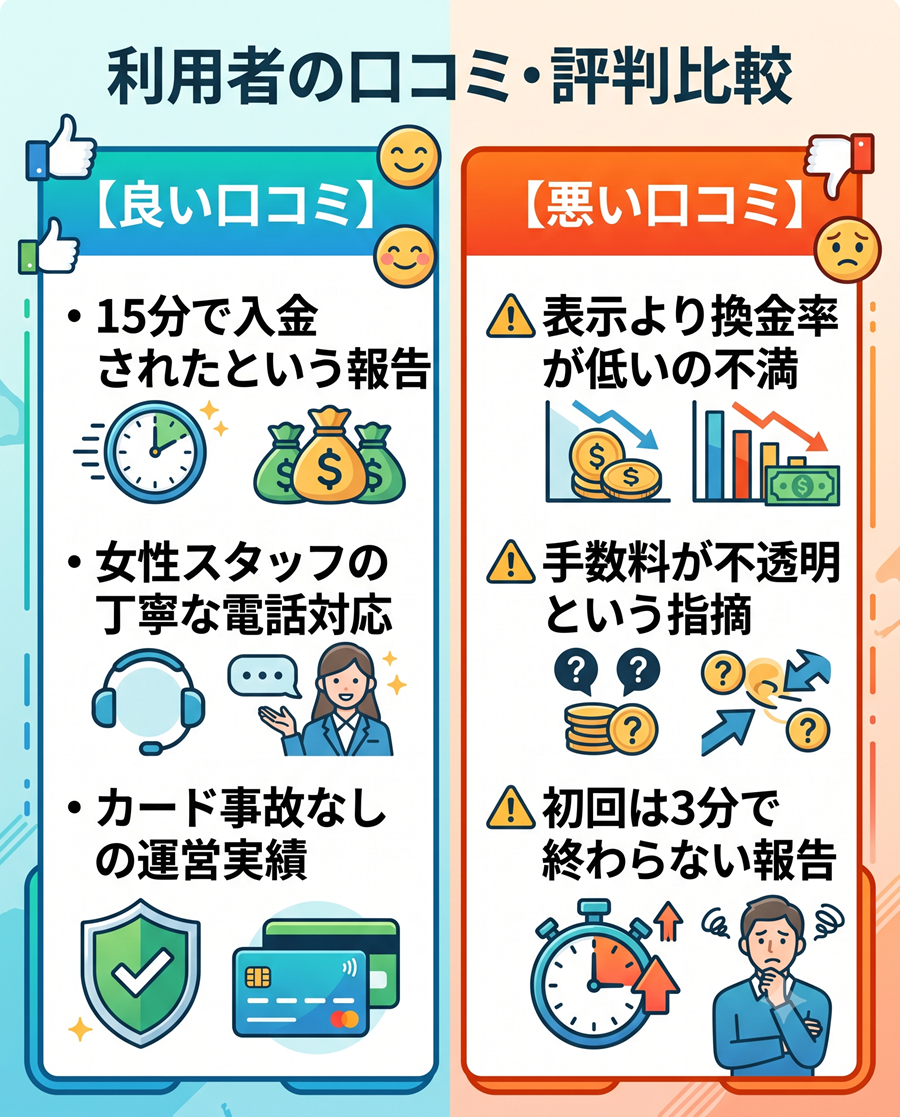 かんたんキャッシュの口コミ比較。入金スピードや丁寧な対応のメリットと、換金率や手数料に関する不満のデメリットを対比