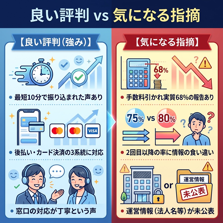 即金キンタロウの良い評判と気になる指摘の比較表。振込スピードや対応の良さと、換金率の実態や運営情報の不明瞭さを対比