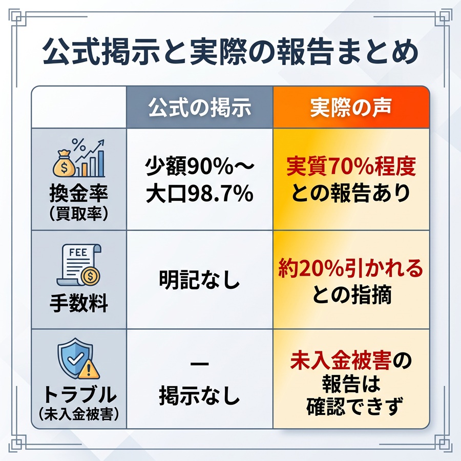 お金のレスキュー隊の公式掲示と実際の報告の比較表。換金率、手数料、トラブルの有無に関する違いを整理