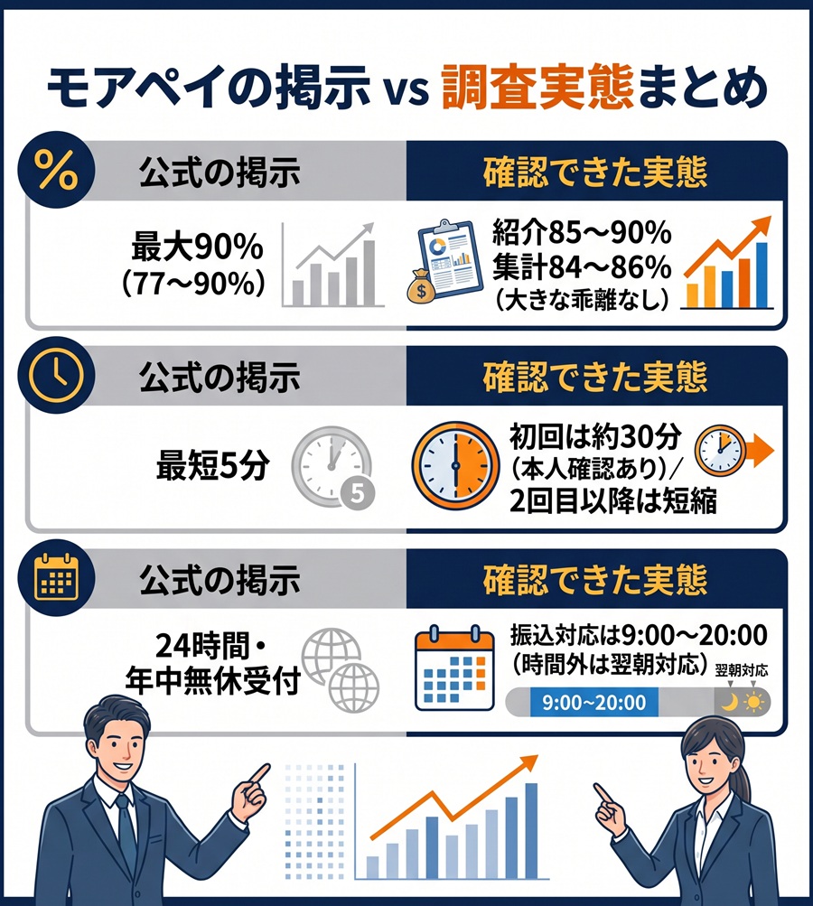 モアペイの公式掲示と実態比較図。換金率は実勢84〜90%、初回所要時間は約30分、対応時間は9時〜20時