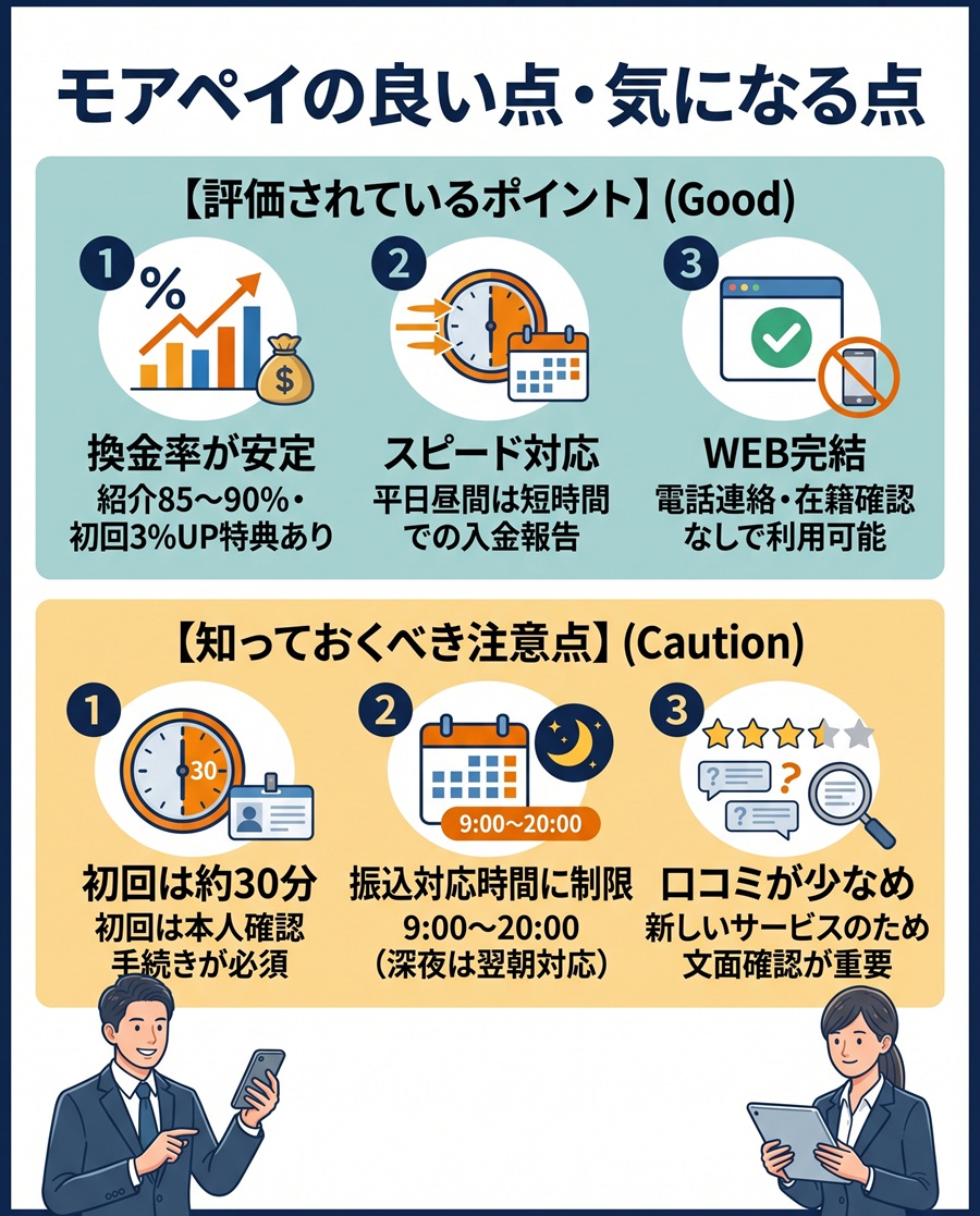 モアペイの良い口コミと気になる評判のまとめ。安定した換金率やWEB完結の利点と、初回本人確認時間などの注意点を比較