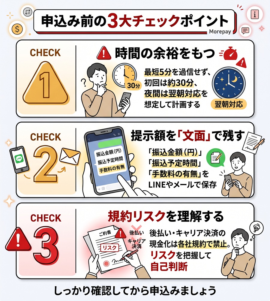 モアペイ利用前の3つの注意点。時間の余裕、振込額の文面保存、カード・後払いアプリの規約リスクを図解