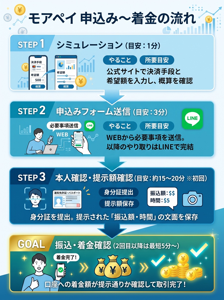 モアペイの申込み手順フロー図。シミュレーション、WEB申込み、本人確認から着金確認までの4ステップ