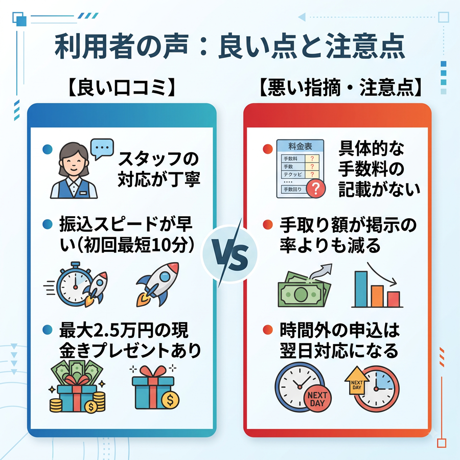 マイクレジットの良い口コミと悪い指摘の対比図。対応の良さやスピード感に対し、手数料の不明瞭さや手取りの減少などの注意点を整理