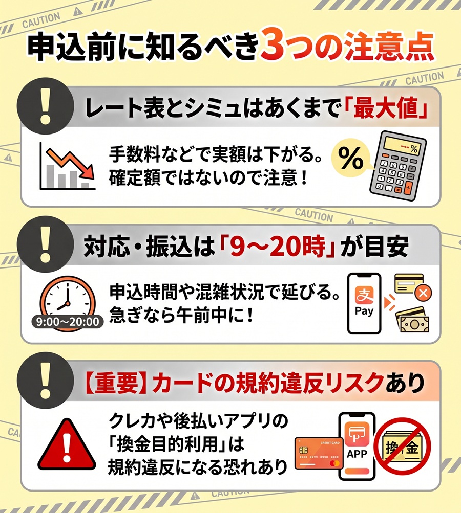 マイキャッシュ24申込前の3つの注意点。シミュレーションは最大値であること、対応時間の目安、カード規約違反リスクについて図解