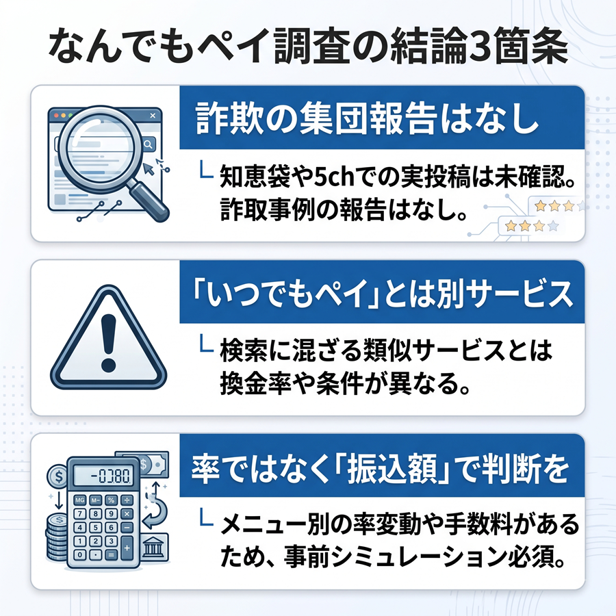 なんでもペイ調査の結論3箇条を図解。詐欺の集団報告なし、類似サービスとの違い、振込額での判断基準を整理。