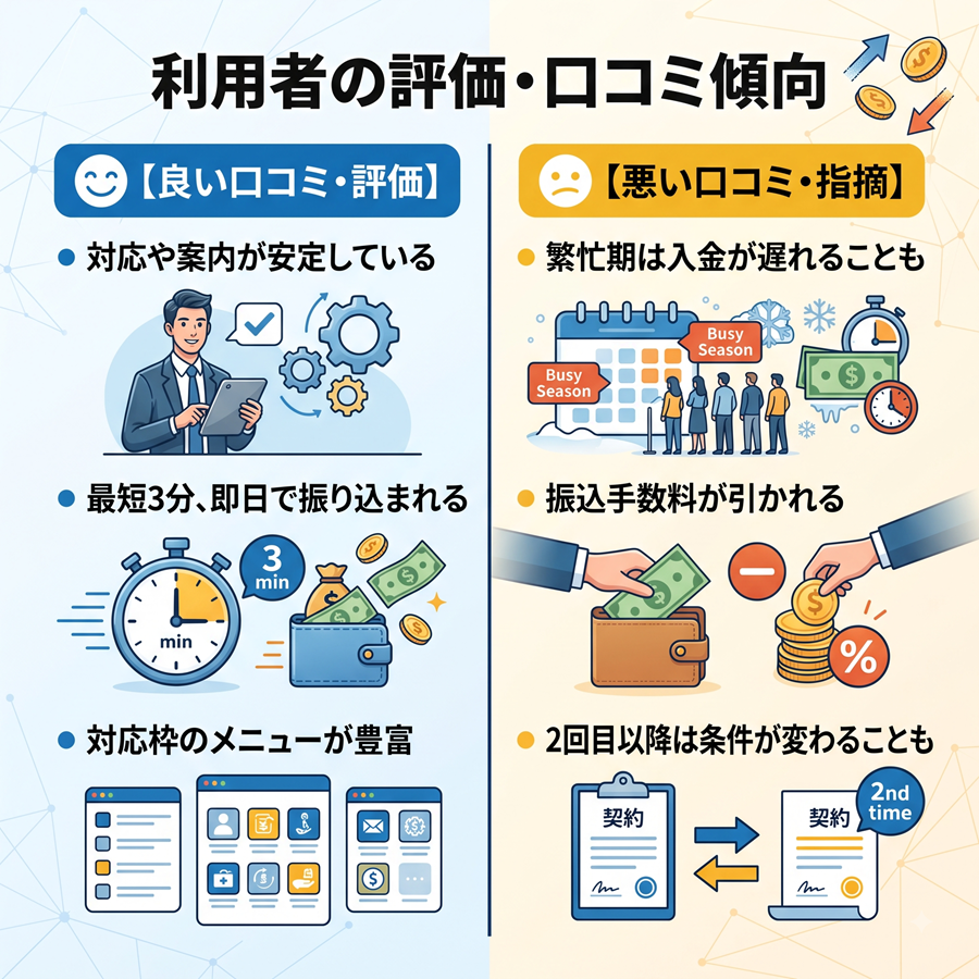 なんでもペイの利用者の評価・口コミ傾向を図解。良い評価（対応の安定、スピード、メニュー豊富）と悪い指摘（繁忙期の遅れ、手数料、2回目以降の条件）を左右で対比。