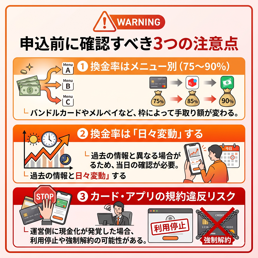 なんでもペイ申込前の3つの注意点を図解。メニュー別の換金率の違い、日々の率変動、カードやアプリの規約違反リスクについて警告。