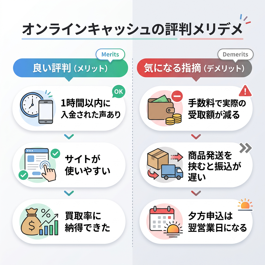 オンラインキャッシュの評判のメリット・デメリットを対比。入金スピードや使いやすさに対する良い評判と、手数料や時間帯による遅れの指摘を