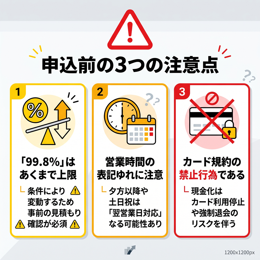 オンラインキャッシュ申込前の3つの注意点を図解。換金率上限の誤認、営業時間の表記ゆれ、カード規約違反のリスクを警告