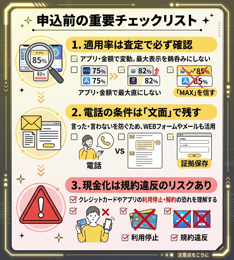 オレンジチケット申込前の重要チェックリストを図解。査定での率確認、文面での条件保存、現金化の規約違反リスクについて