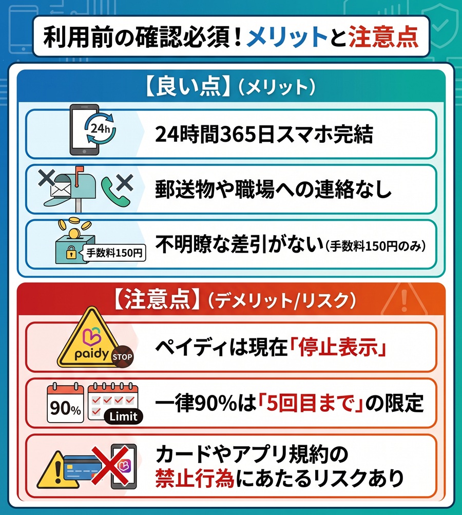 ぱぱっとのメリットと注意点の対比。24時間対応や郵送物なしのメリットに対し、ペイディ停止や規約違反リスクなどの注意点を整理