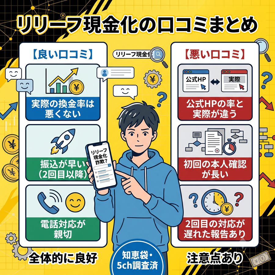 リリーフ現金化の口コミまとめ。実際の率は悪くない、振込が早いなどの良い口コミと、HPの率と違う、本人確認が長いなどの悪い口コミを対比