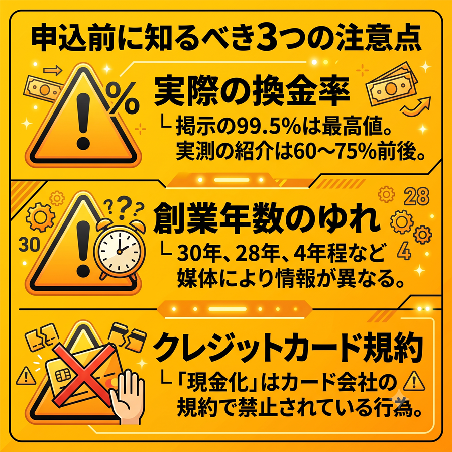 申込前に知るべき3つの注意点。実測換金率の紹介は60〜75%前後であること、創業年数の情報にゆれがあること、現金化はカード規約で禁止されていることを図解