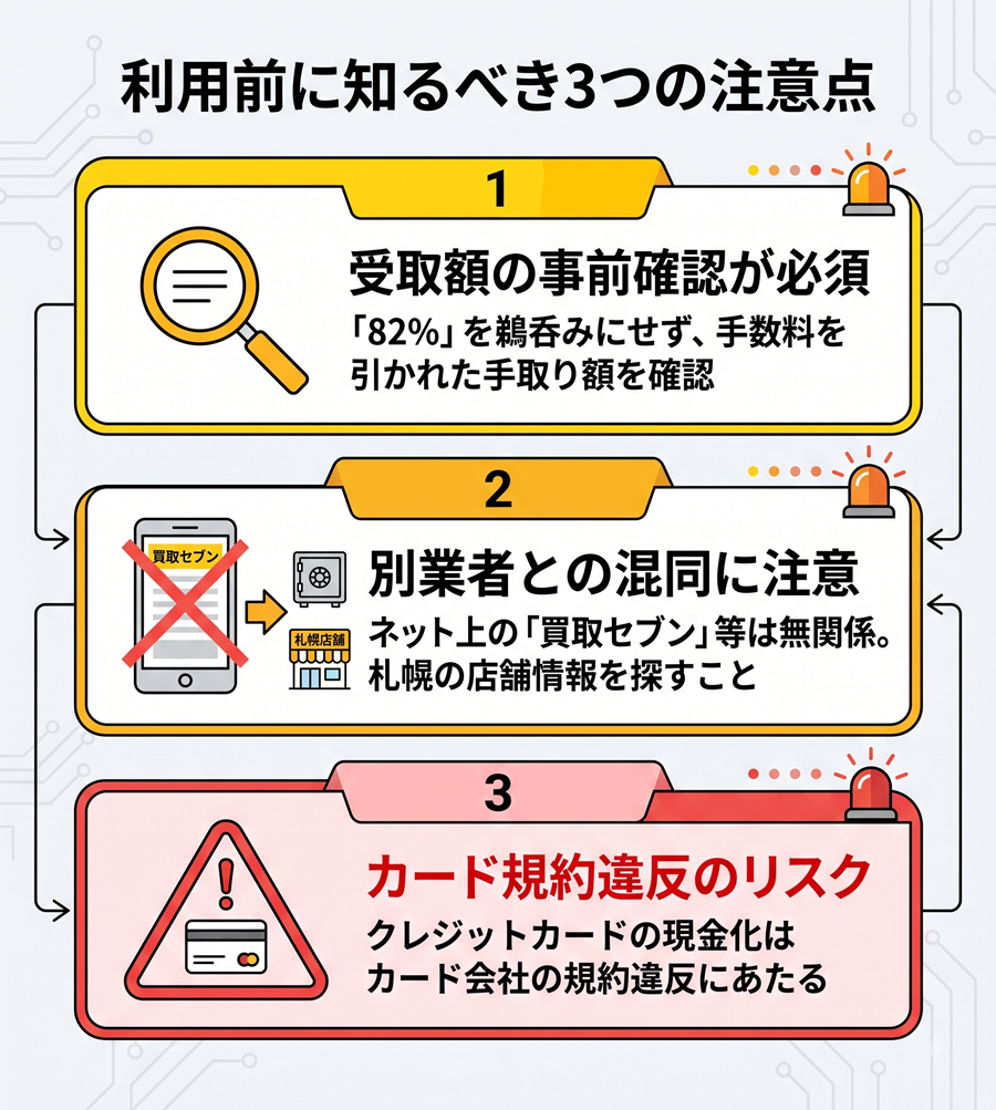 セブンギフト利用時の3つの注意点を図解。受取額の事前確認、別業者情報との混同、カード会員規約違反のリスクについて整理