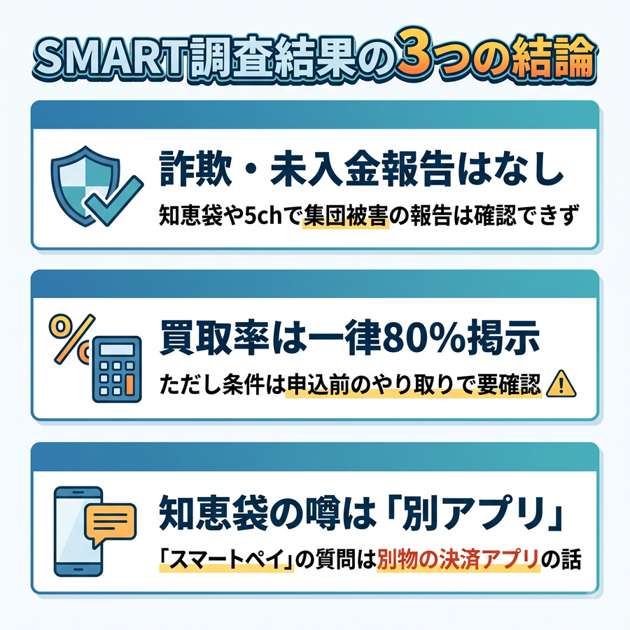 スマート現金化の調査結果結論まとめ。詐欺・未入金報告は確認できず、買取率は一律80%掲示、知恵袋の噂は別アプリであることを図解。