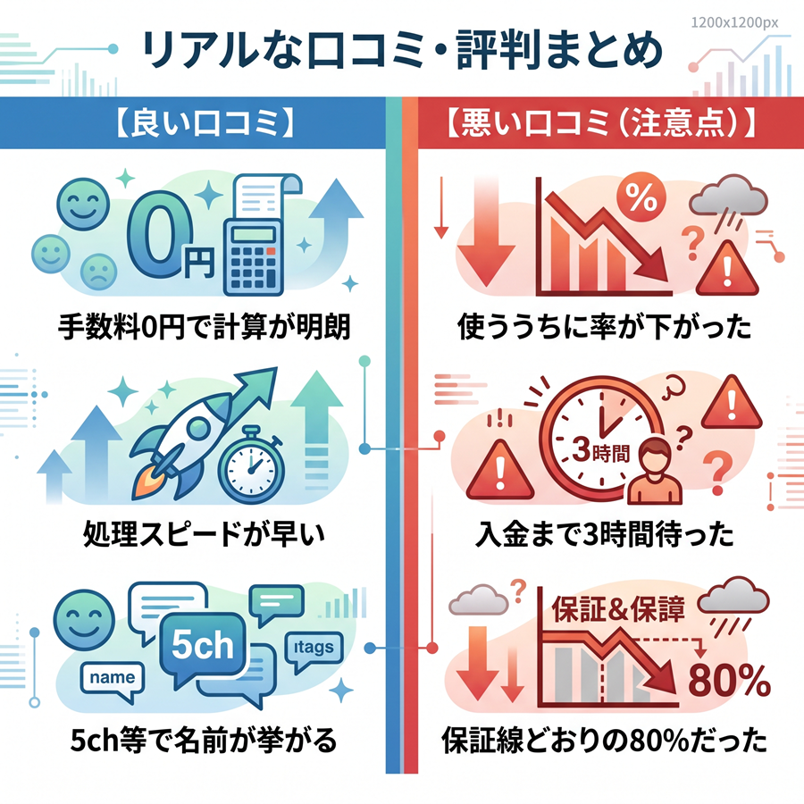 タスカル現金化の口コミを図解。手数料0円や処理の早さといった良い声と、率の低下や入金遅れなどの悪い声を左右で対比