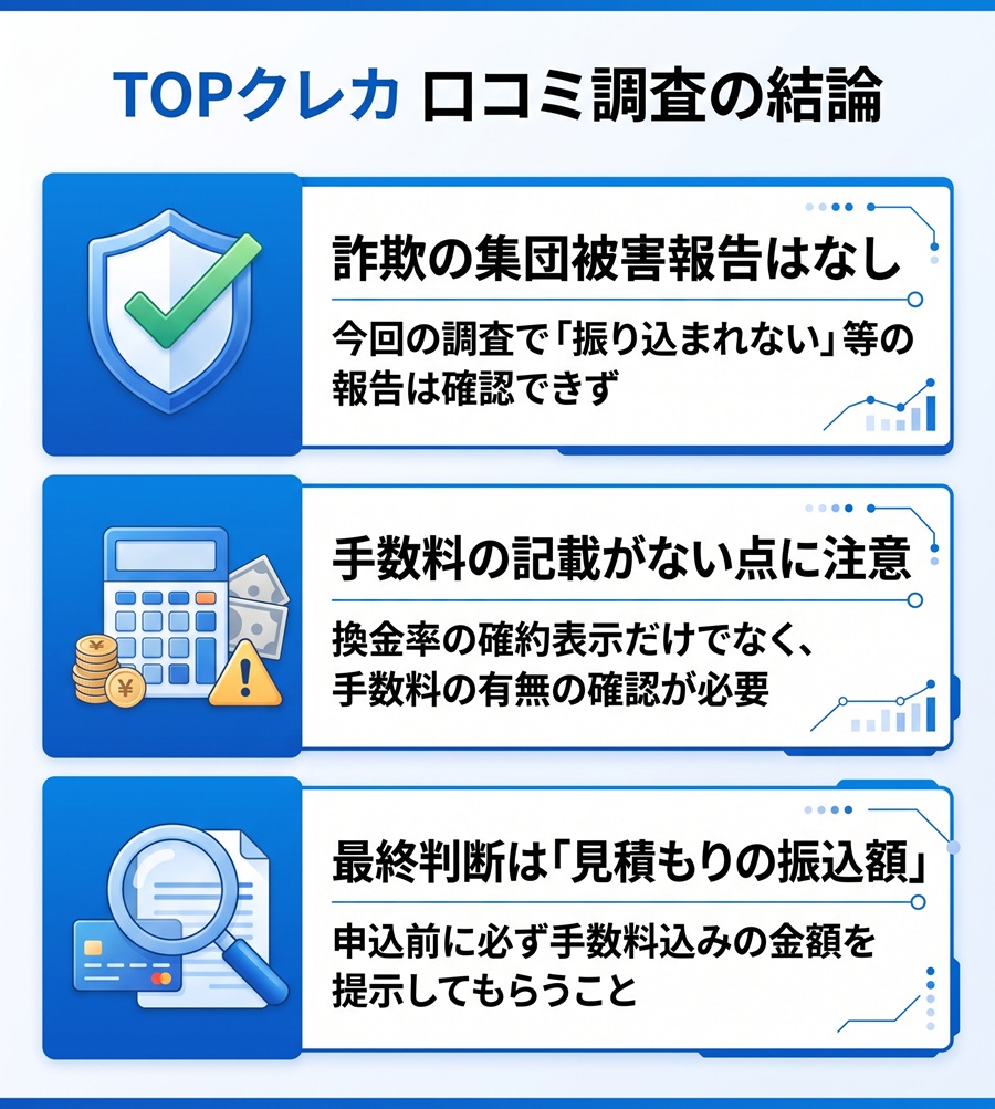 TOPクレカの口コミ調査の結論まとめ。被害報告は確認できない点、手数料の注意点、見積もり額での判断を推奨する内容