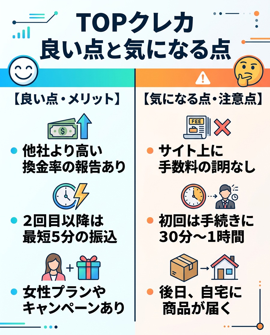 TOPクレカの良い点と気になる点の比較図。換金率の満足度やスピード等のメリットと、手数料不明瞭や商品自宅受取等の懸念点を対比