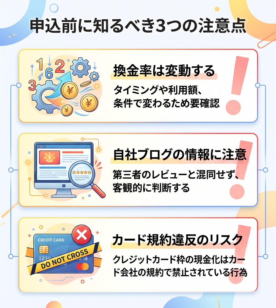 TOPクレカ申込前の注意点。換金率の変動、自社ブログ情報の見極め、カード会社の規約違反リスクについて解説