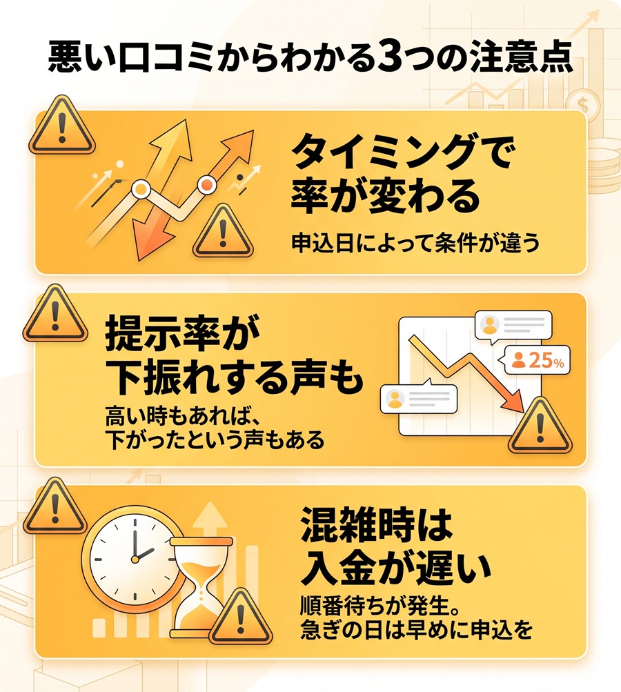 X GIFTの悪い口コミからわかる3つの注意点。買取率の変動、率の下振れ、混雑時の入金遅れについて図解。