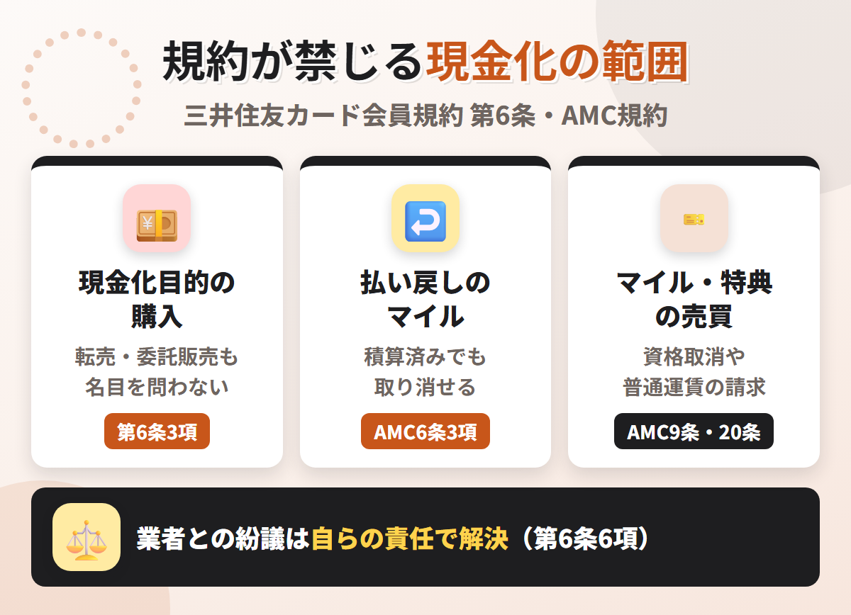 ANAカードの規約が禁じる現金化の範囲。転売や委託販売も名目を問わない現金化目的の購入、払い戻しでの積算マイルの取消、マイルや特典の売買の禁止