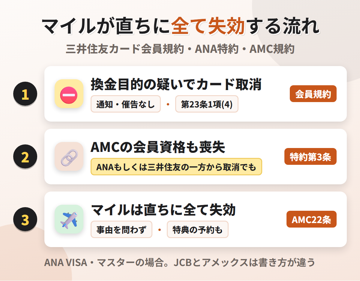 ANAカードのマイルが直ちに全て失効する流れ。換金目的の疑いでカードの資格を取り消され、特約第3条でAMC会員資格も失い、AMC規約22条でマイルが直ちに全て失効する