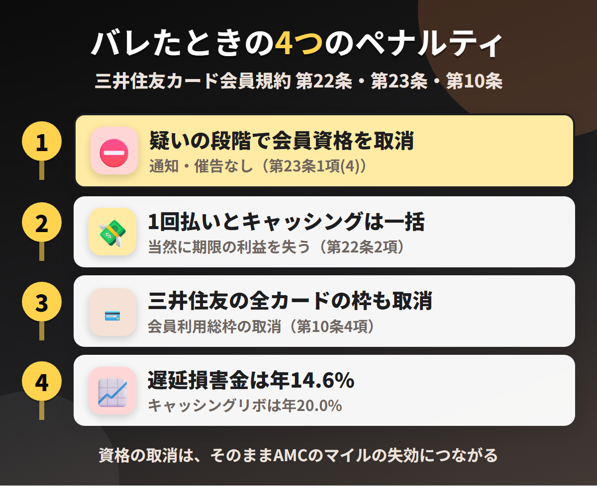 ANAカードで現金化がバレたときの4つのペナルティ。会員資格の取消、1回払いとキャッシングの一括返済、三井住友カードの全カードの利用枠の取消、遅延損害金年14.6%