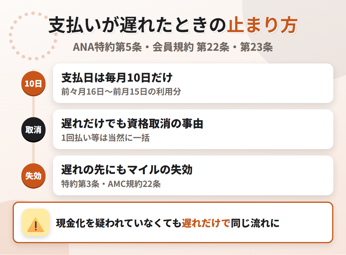 ANAカードの支払いが遅れたときの流れ。支払日は毎月10日だけで、遅れだけでも資格取消の事由になり、その先でAMCのマイルも失効しうる