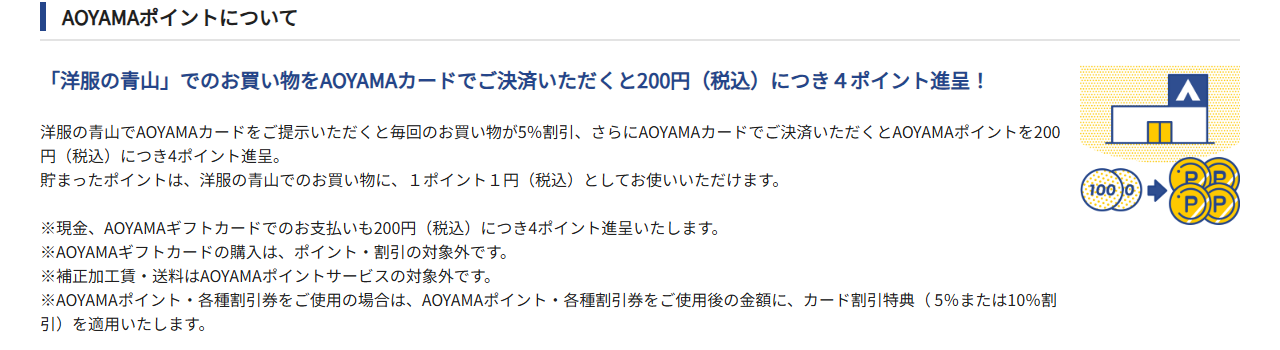 AOYAMAポイントの案内ページ。洋服の青山でAOYAMAカードで支払うと200円につき4ポイント進呈と案内している