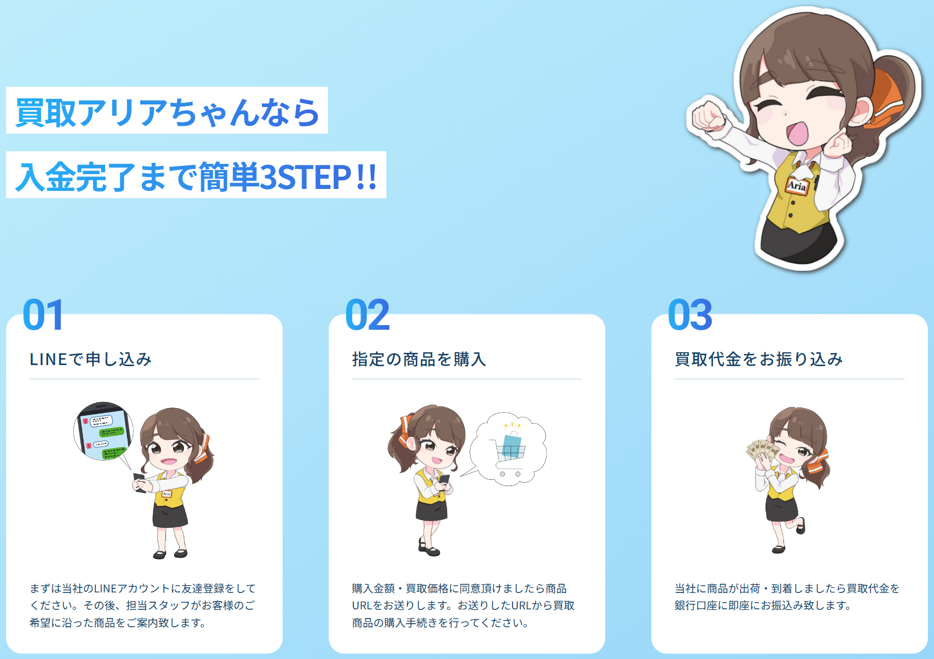 買取アリアちゃん公式サイトの入金完了まで簡単3STEP。01 LINEで申し込み、02 指定の商品を購入、03 当社に商品が出荷・到着したら買取代金をお振り込み