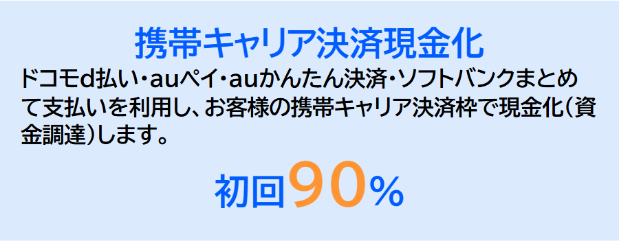 キャリソック公式サイトの携帯キャリア決済現金化の説明。ドコモd払い・auペイ・auかんたん決済・ソフトバンクまとめて支払いを利用し、初回90%の掲示