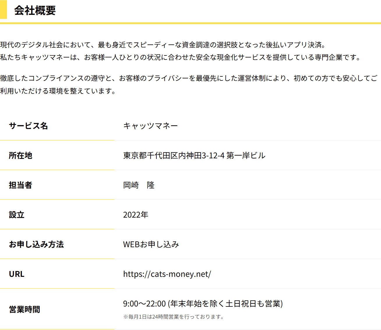 キャッツマネー公式サイトの会社概要。サービス名キャッツマネー、所在地東京都千代田区内神田3-12-4第一岸ビル、担当者岡崎隆、設立2022年、営業時間9時〜22時で毎月1日は24時間営業