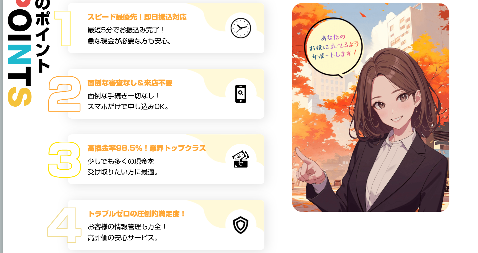 ココイー公式サイトの4つのポイント。スピード最優先で最短5分振込、面倒な審査なし&来店不要、高換金率98.5%、トラブルゼロの圧倒的満足度