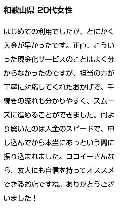 ココイー公式サイトのお客様の声。和歌山県20代女性、はじめての利用で入金が早く担当者の対応が丁寧だったという内容(自社掲載)