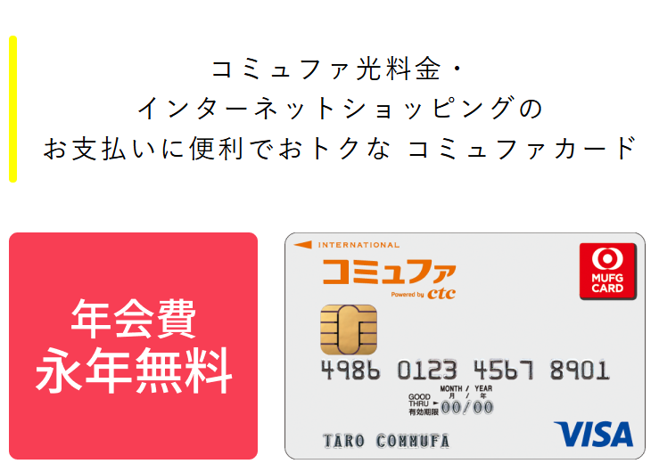 コミュファ光のサイトのコミュファカードのページのカード画像と年会費永年無料