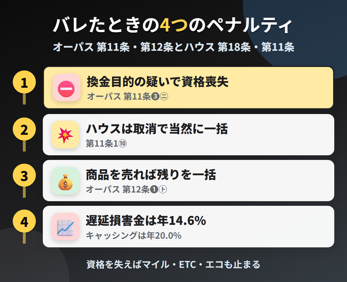 コスモ・ザ・カードで現金化がバレたときの4つのペナルティ。換金目的の疑いによる資格喪失、ハウスは資格取消で当然に一括、商品の売却による一括、遅延損害金年14.6%