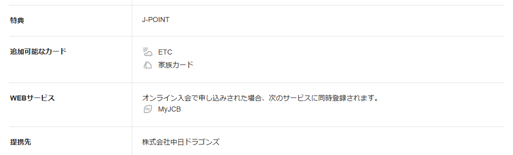 JCBのドラゴンズファンカードのページの基本情報。特典と提携先を記載している