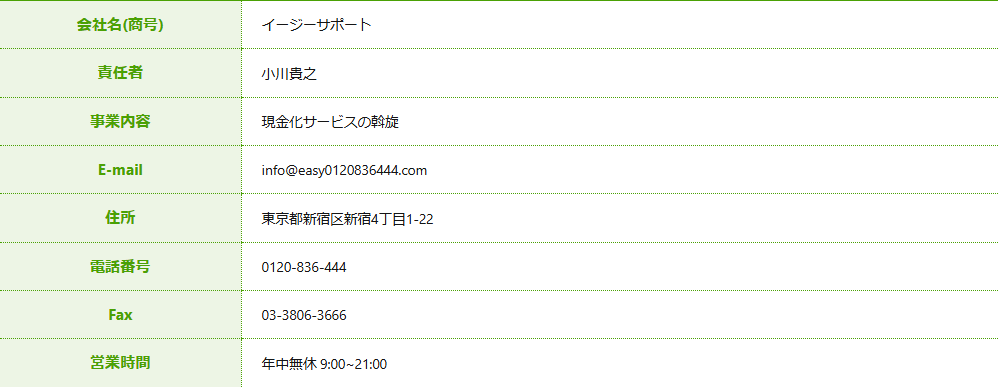 イージーサポート公式サイトの会社概要。会社名(商号)イージーサポート、責任者小川貴之、事業内容は現金化サービスの斡旋、住所東京都新宿区新宿4丁目1-22、電話番号0120-836-444、Fax、営業時間年中無休9:00〜21:00