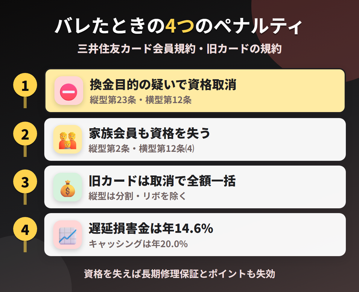 エディオンカードで現金化がバレたときの4つのペナルティ。換金目的の疑いでの資格取消、家族会員の資格喪失、旧カードは取消で全額一括、遅延損害金年14.6%