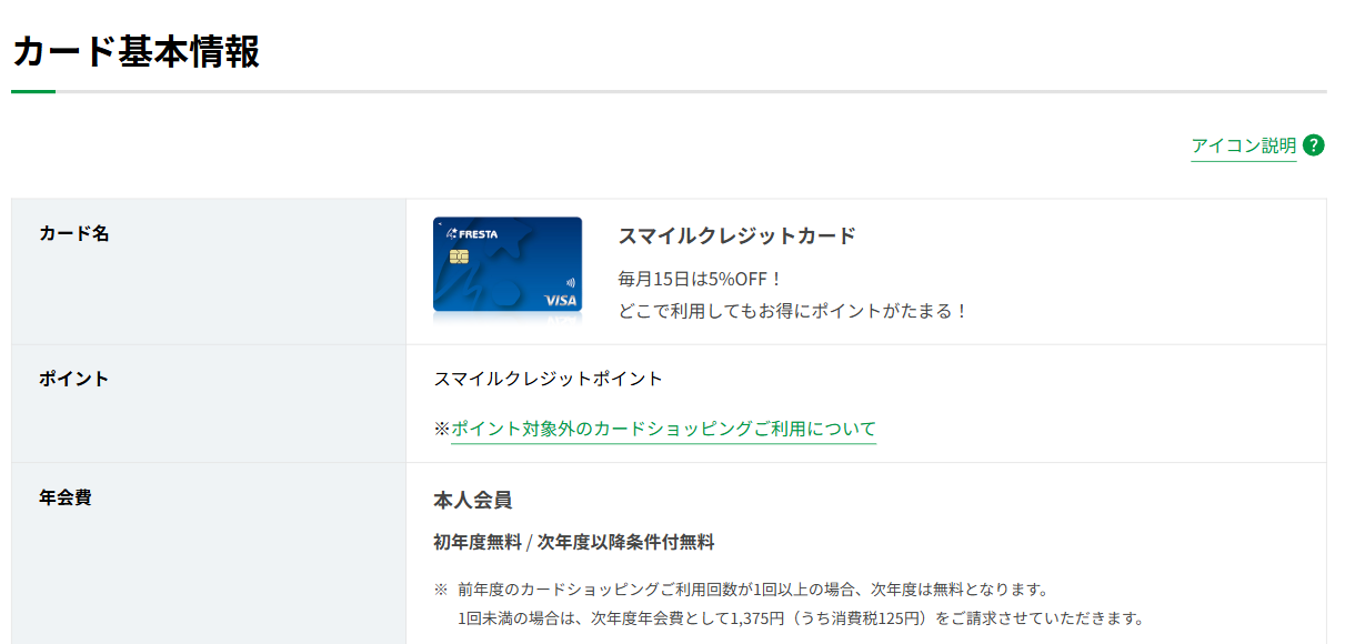 スマイルクレジットカードのカード基本情報（年会費）