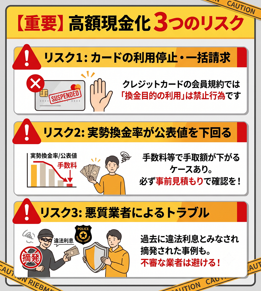 高額現金化の3つの注意点。カード規約違反のリスク、換金率の下振れ、悪質業者のトラブルに関する警告を図解