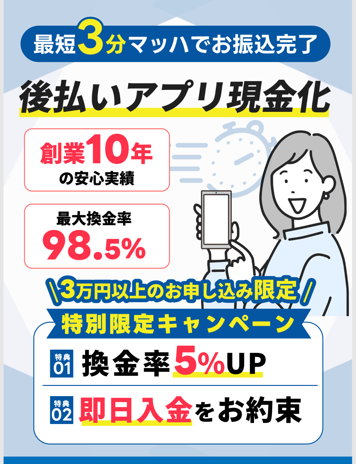 GOGOマッハ公式サイトの上部。最短3分マッハでお振込完了、後払いアプリ現金化、創業10年の安心実績、最大換金率98.5%、3万円以上のお申し込み限定の特別キャンペーンで換金率5%UPと即日入金をお約束