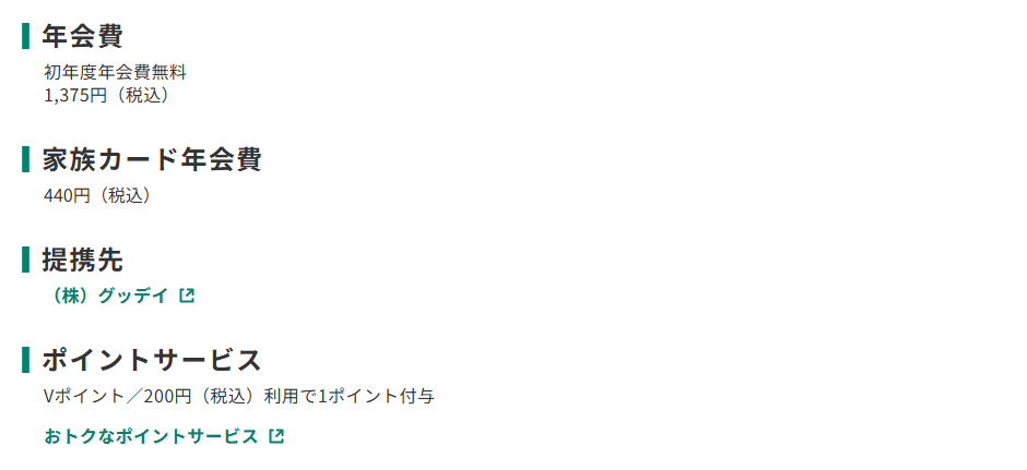 三井住友カードのGooDay VISAカードのページのカード概要。年会費やポイントサービスを記載している
