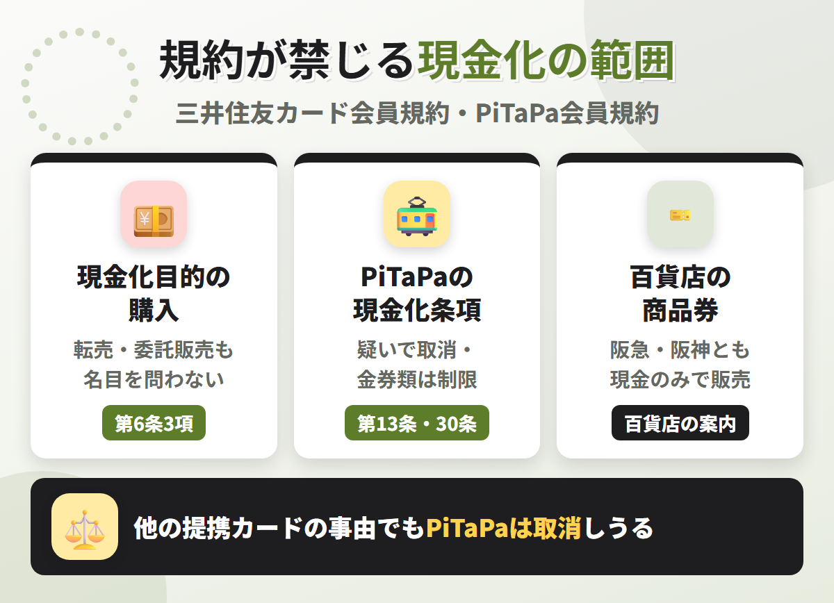 阪急阪神カードの規約が禁じる現金化の範囲。名目を問わない現金化目的の購入、PiTaPa会員規約の現金化条項と金券類の制限、阪急・阪神百貨店の商品券は現金のみ